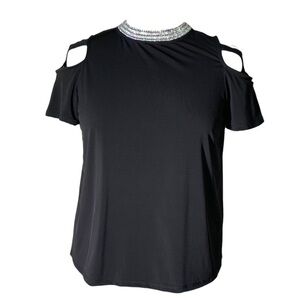 Black Cold Shoulder Rhinestones Neckline  Stretchy Tshirt Keyhole back